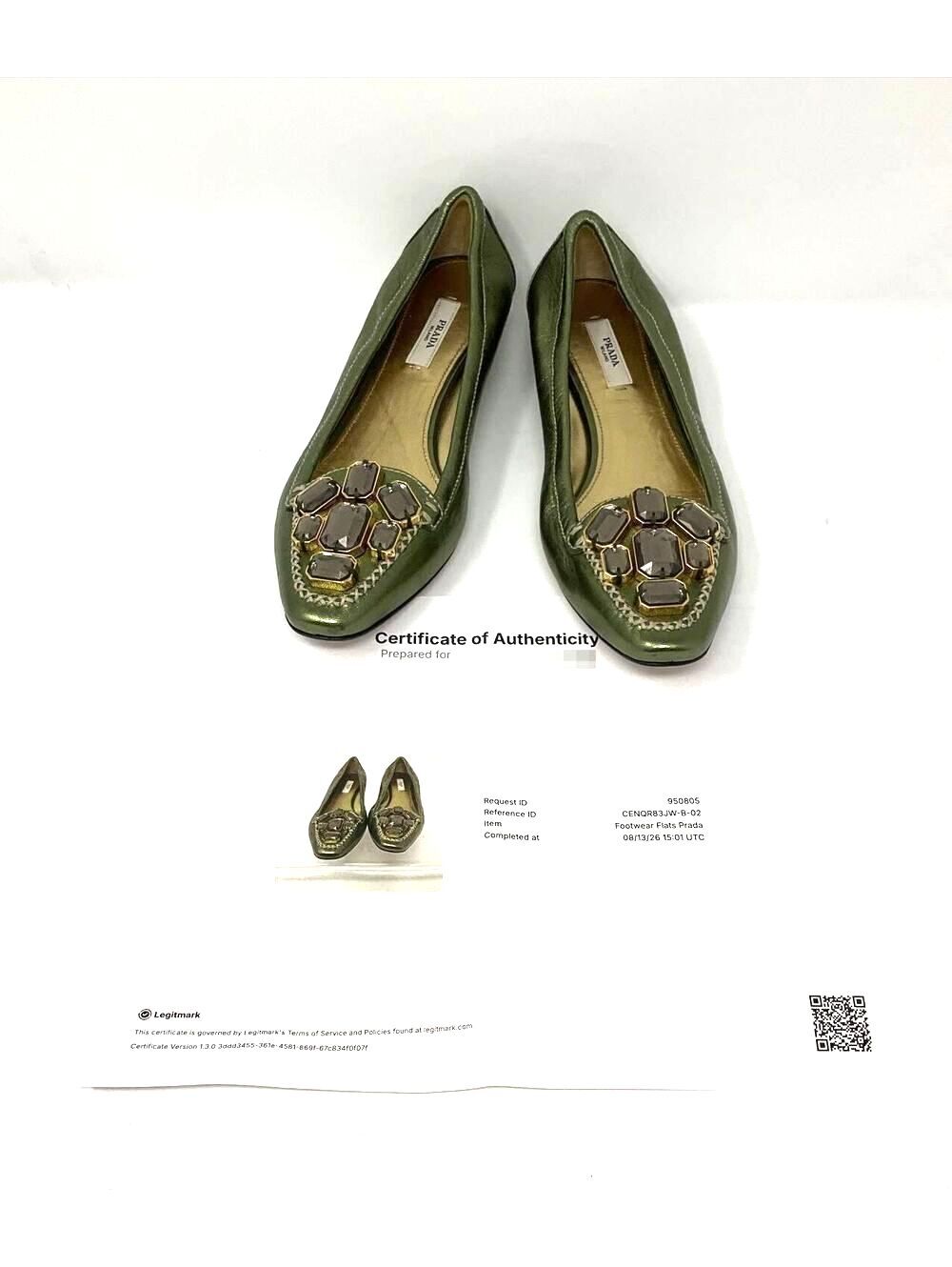 Prada Metallic Green Jeweled Crystal Embellished Low Wedge Flats Size 37.5 COA